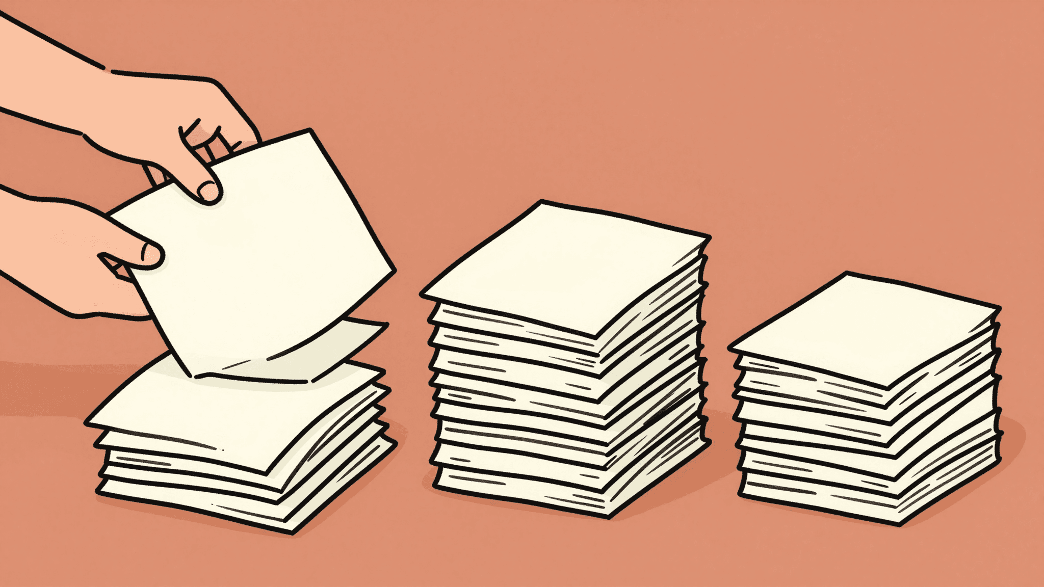 Handritad illustration: händer som sorterar pappersdokument i prydliga högar, AI-agenter som sköter återkommande arbete